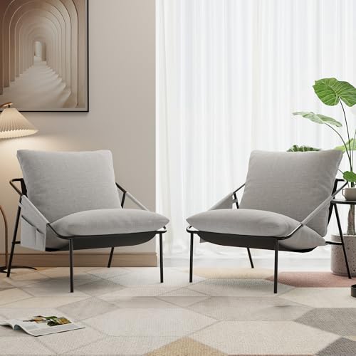 Apicizon Grey Sling Accent Chairs, Modern Accent Chairs Reading Chairs for Living Room, Black Metal Armchair with Comfortable Cushion for Reading Room Office, Light Grey Linen