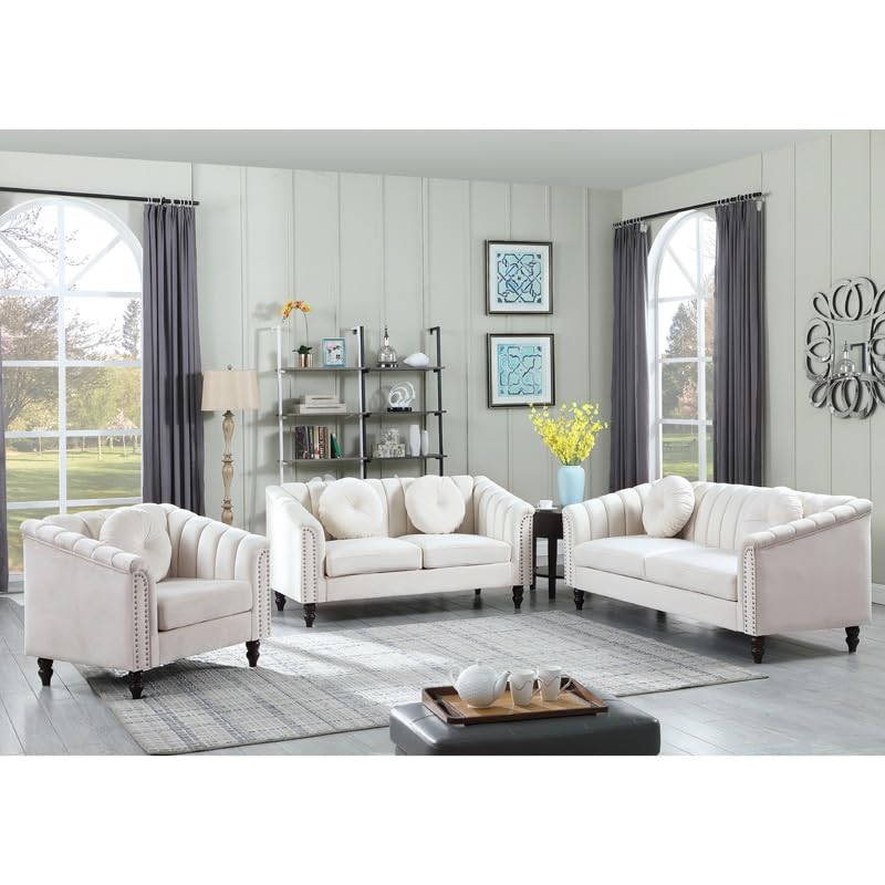 Classic 3-Piece Microfiber Couch and Sofa Set with Deep Seat and Sturdy Wood Frame, White