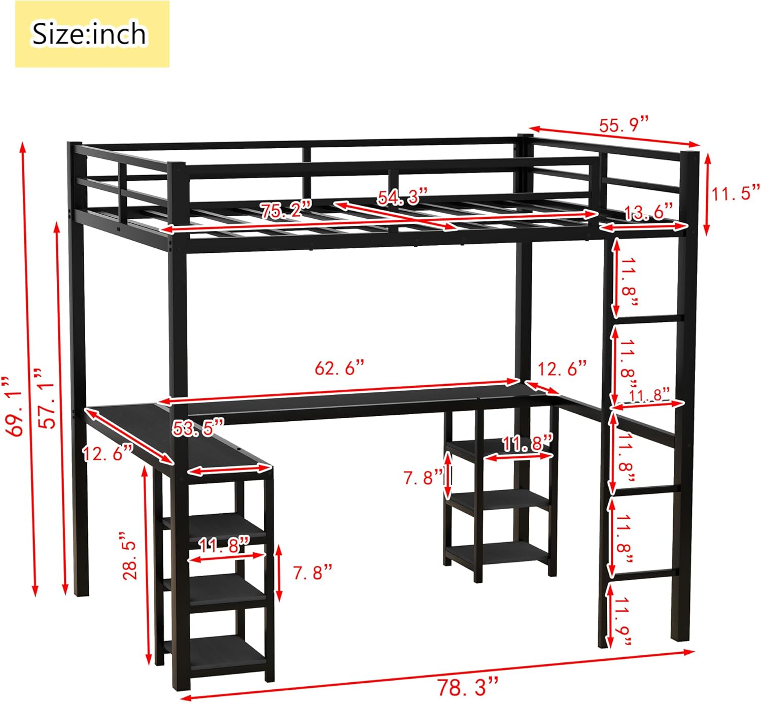 Full Size Metal Loft Bed with L-Shaped Desk and Shelves, Heavy Duty Metal Loft Bed Frame with Built-in Ladder and Full Length Safety Guardrails for Teens Kids Bedroom, Black+Black Desk