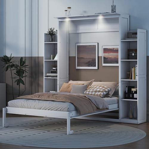 Harper & Bright Designs Full Size Murphy Bed with Storage Shelves and LED Lights, Easy Fold Wood Wall Bed Frame, Cabinet Full Storage Bed for Guest Room Home Office, Gray