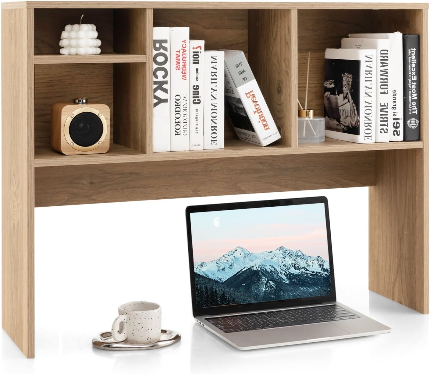 Desk Hutch, Countertop Storage Organizer with 4 Shelves, 2-Tier Display Rack for Computer Desk, Multipurpose Wood Hutch Organizer, Desktop Bookshelf for Dorm, Office, Home, Natural