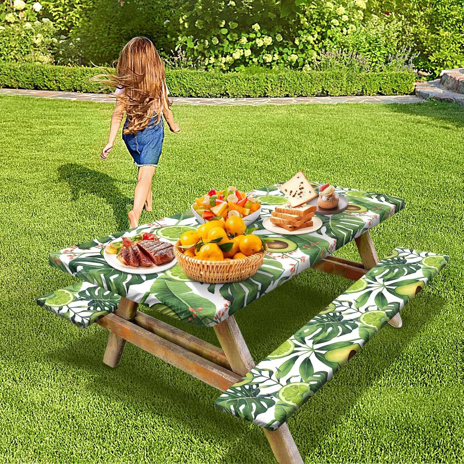 Elastic Bench Covers - 3 Dining Covers, Outdoor Table Cloth | Windproof Picnic Chairs Fitted Tablecloth, Avocado Printed Portable Camping Table Guard for Outdoor Painting Picnics Parties
