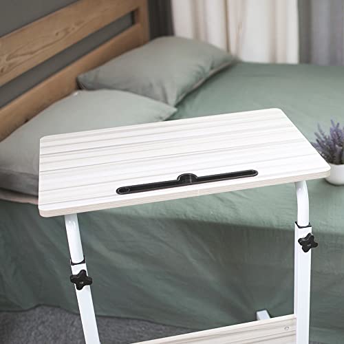 Tray Table, Adjustable Sofa/Bed Side Table Portable Desk with Wheels Overbed Table Laptop Cart with Holder Slot (White Maple, 15.7 * 23.6)