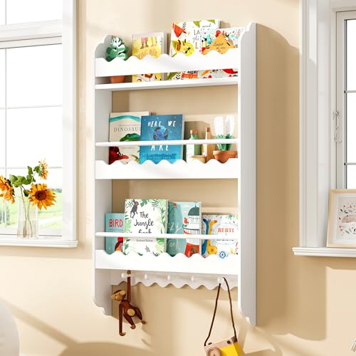 Treocho Kids Bookshelf, Wall Mounted 3-Tier Book Shelf, Kids Bookshelf and Toy Storage for Bedroom, Living Room and Nursery, Natural