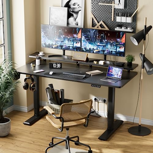 Kemon Electric Standing Desk with Monitor Stand, 55 x 24 Inch Height Adjustable Sit Stand up Desk, Home Office Computer Workstation with Cup Holder and Hook, Stand Table for Work, Rustic Brown