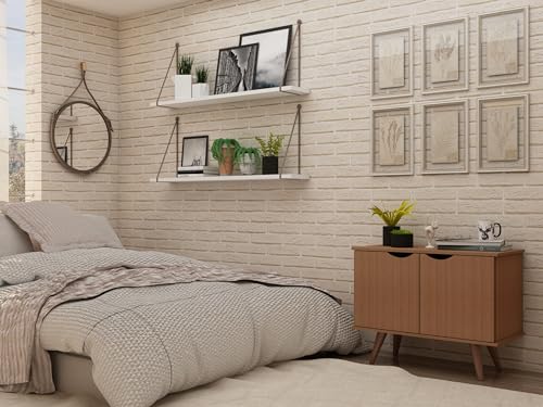 Manhattan Comfort Hampton 33.07 Accent Cabinet with 2 Shelves Solid Wood Legs in Off White and Maple Cream