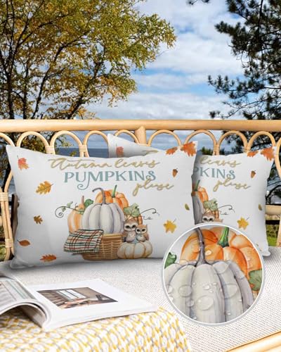 Outdoor Pillow Covers Waterproof, Autumn Pumpkins Throw Pillowcase Decorative Cover, Rustic Owl Maple Leaf Black Wooden Garden Cushion Case Set of 2 for Sofa, Couch, Tent, Patio, 16