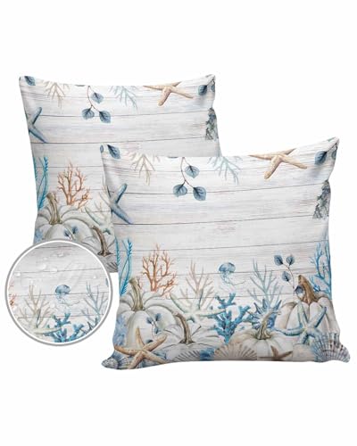 Outdoor Pillow Covers Waterproof, Fall Pumpkins Coastal Throw Pillowcase Decorative Cover, Summer Fall Coral Wooden Garden Cushion Case Set of 2 for Sofa, Couch, Tent, Patio, 20