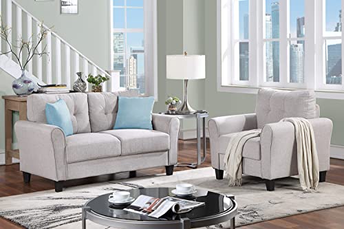 Harper & Bright Designs 2-Piece Living Room Sectional Sofa Set, Modern Style Button Tufted Linen Upholstered Armchair and Loveseat Sofa Sectional Couch Set, Light Grey-Blue