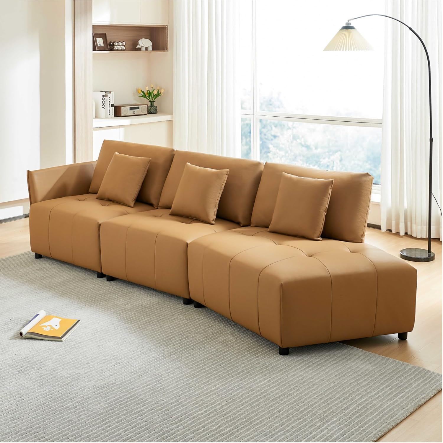 120-Inch Modern Modular Sectional Sofa - Premium Genuine Leather Couch with Curved Design, Comfortable Seat Cushions, Ergonomic Back Support, Perfect for Living Room & Seating for 3-5 People
