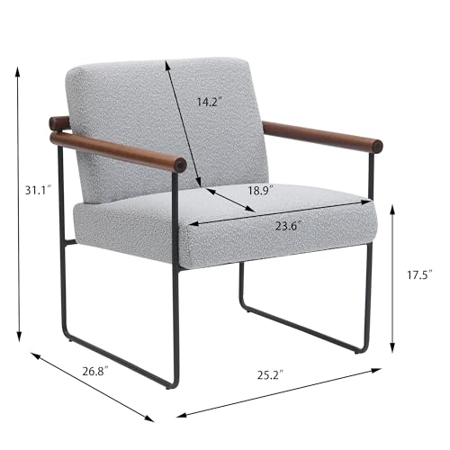 Boucle Accent Chair with Round Wood Arms, Comfy Upholstered Arm Chair with Metal Frames, Mid Century Modern Chair for Living Room, Bedroom, Beige