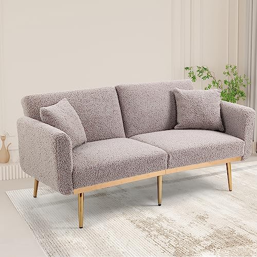 Kakotito Mid-Century Modern Velvet Loveseat, Petite Accent Sofa Couch with 7 Gold Metal Legs (White Teddy)
