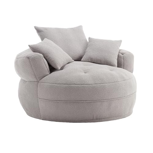 Barrel Accent Chairs, Round Lazy Chair with 3 Pillows, Comfy Armchair with Thick Base for Hotel, Living Room, Bedroom, Grey