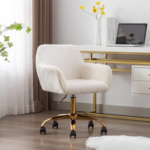 SSLine Desk Chair Faux Fur Task Chair,Modern Cute Accent Armchair Office Chair,Comfy Teddy Fabric Swivel Makeup Stool Desk Chair with Wheels for Living Room/Bedroom/Dressing Room