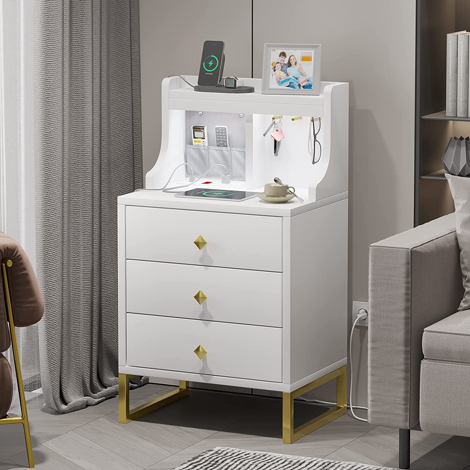 Tall Nightstand with Drawers,3 Drawers Night Stand with Charging Station,Modern Bedside Table with LED Sensor Light, USB Ports and Outlets, End Side Table with Shelf,White