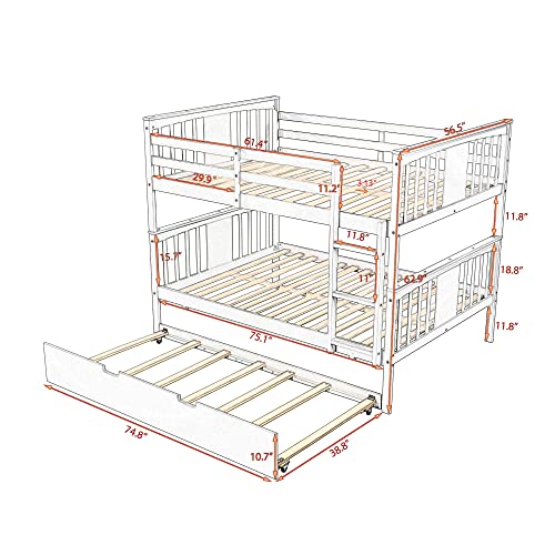 Full Over Full Bunk Bed with Trundle for 3 Kids, Detachable into Two Full Size Beds, Ladder & Full-length Guardrail, Space-saving, Wooden Trundle Bunk Beds No Foundation/Box Spring Needed