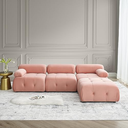 Sleeper Sofa couches Ottoman Cloud Couch Bed Loveseat Living Room Furniture Sturdy Solid Wood Frame Modular Sectional Comfortable Velvet Upholstery Button Tufted Design Pink