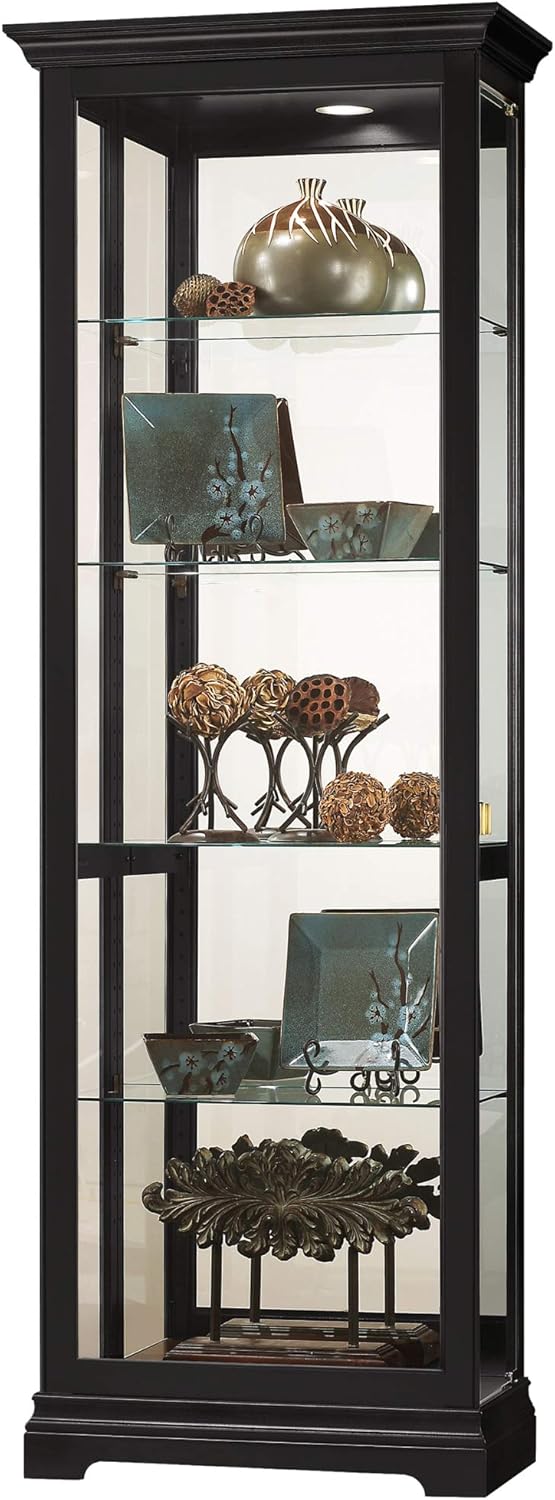 Howard Miller Brantley II Curio Cabinet 680-672 – Black Satin Finish, Vertical Home Decor, Four Glass Shelves, Five Level Display Case, No Reach Light, Sliding Doors