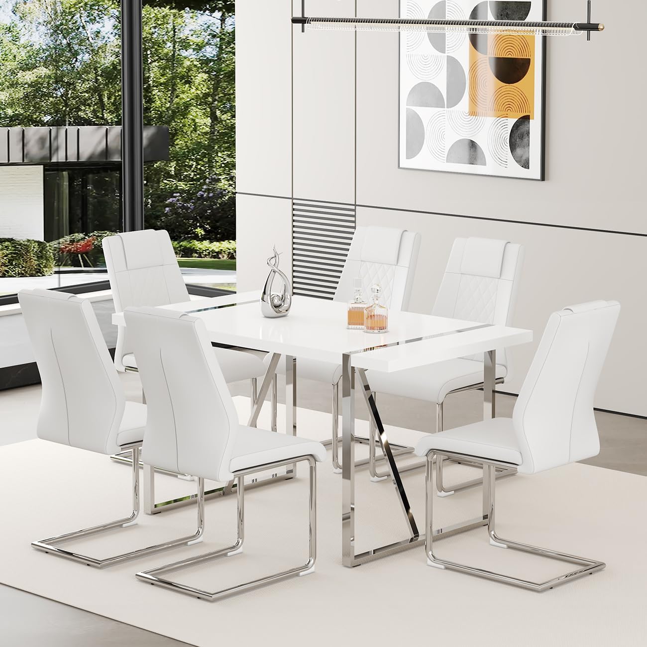 55‘’ Modern Dining Table Set for 6, White Dining Tabletop and Silver Metal Frame, Rectangle Dining Room Table with 6 White Upholstered Dining Chairs. Dinner table Set for Kitchen and Dining Room.
