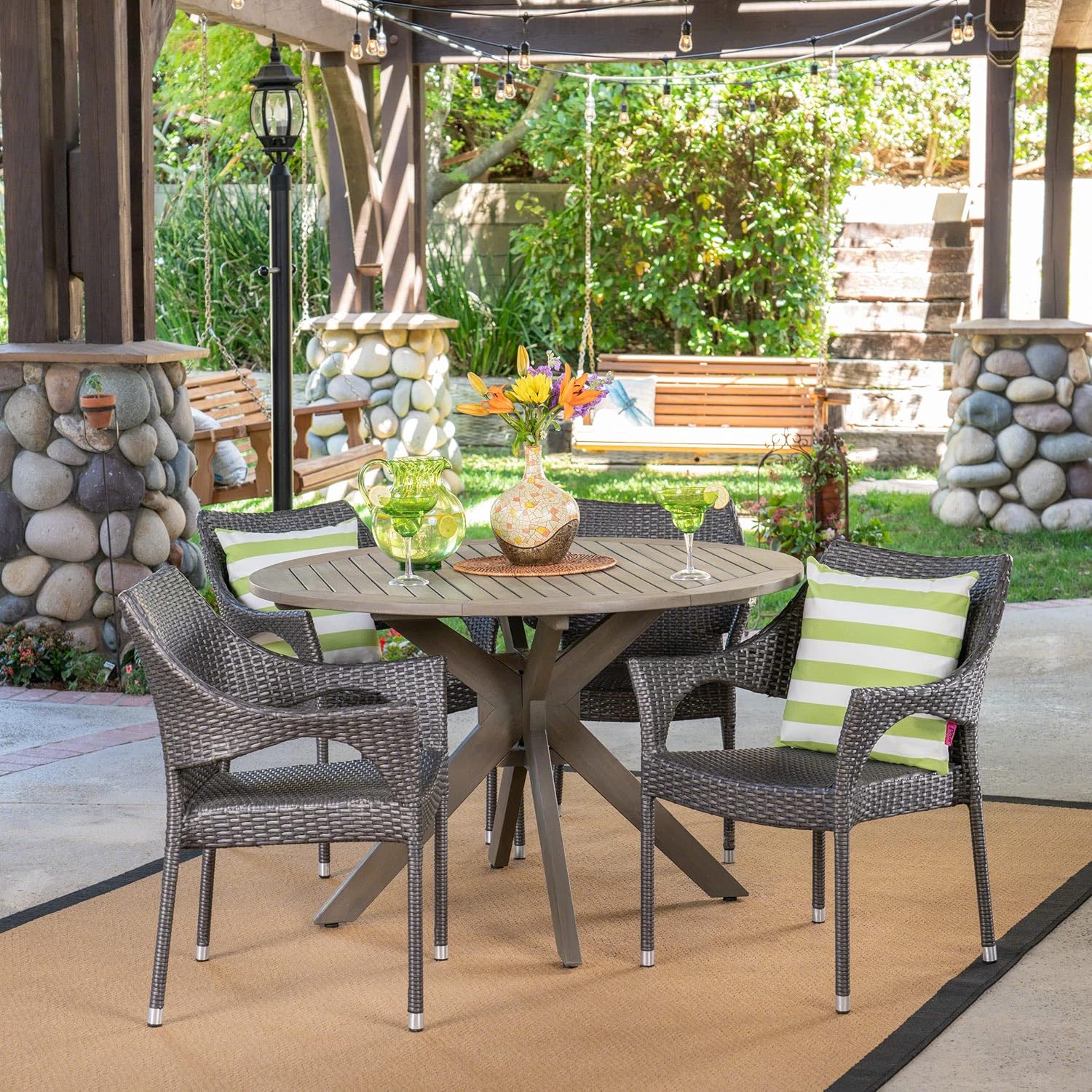 Christopher Knight Home Lina Outdoor 5 Piece Wood and Wicker Dining Set, Gray Finish/Gray