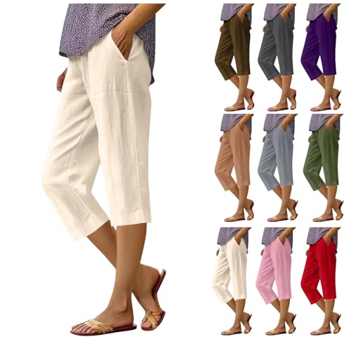 Cotton Linen Capri Pants for Women 2024 Summer Casual Elastic Waisted Straight Leg Drawstring Trousers with Pocket