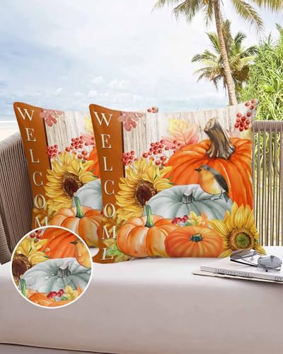 Outdoor Pillow Covers Waterproof, Autumn Sunflower Throw Pillowcase Decorative Cover, Fall Pumpkins Floral Bird Wooden Garden Cushion Case Set of 2 for Sofa, Couch, Tent, Patio, 18