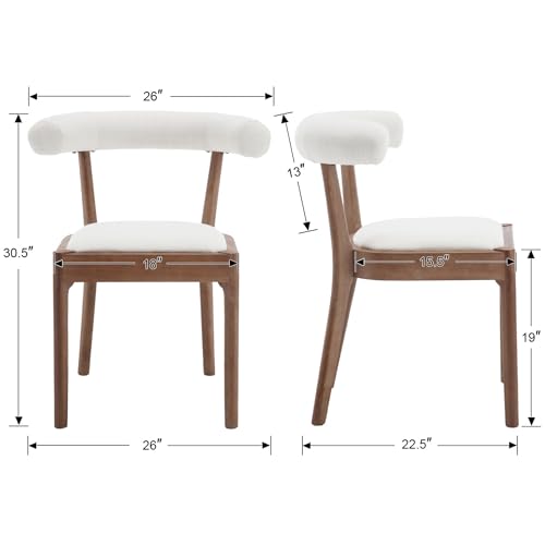 Kmax Dining Room Chairs Mid-Century Modern Fabric Kitchen Chairs with Natural Walnut Finished Frame, Linen Curved Back, Set of 4, White