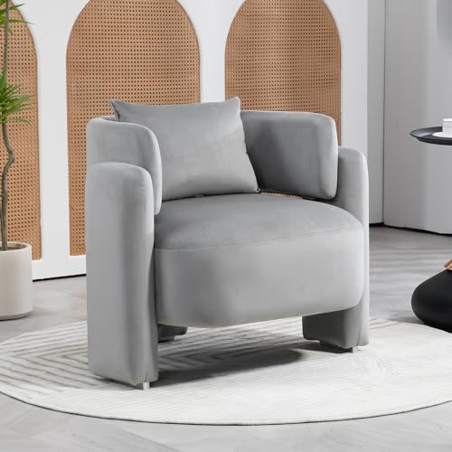 Modern Accent Chair for Living Room, Comfy Wide Single Armchair with Pillows, Wooden Frame Barrel Chairs, Velvet Reading Chair for Bedroom, Office (Grey)