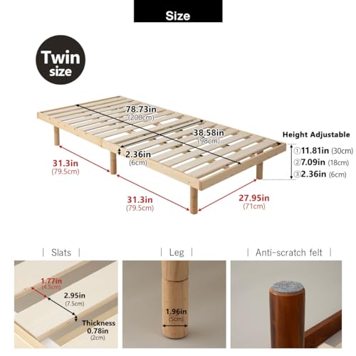 EMOOR Solid Wood Durable Slatted Bed with Headboard Twin (Earth-Natural), for Japanese Futon Mattress Pine Paulownia Height Adjustable