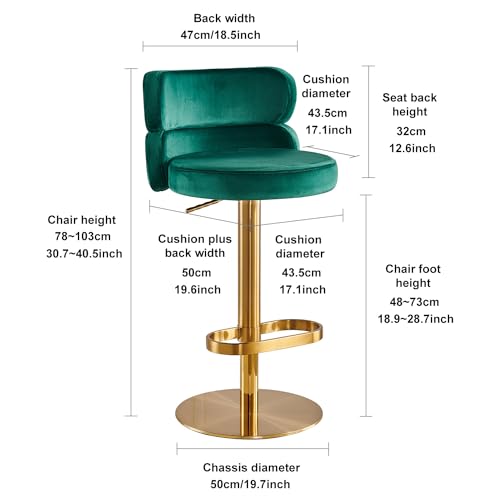 Velvet Bar Stools Modern Swivel Adjustable Height Kitchen Counter Bar Stools with Footrest for Living Room Dining Room (GOLG, Grey 1pcs)