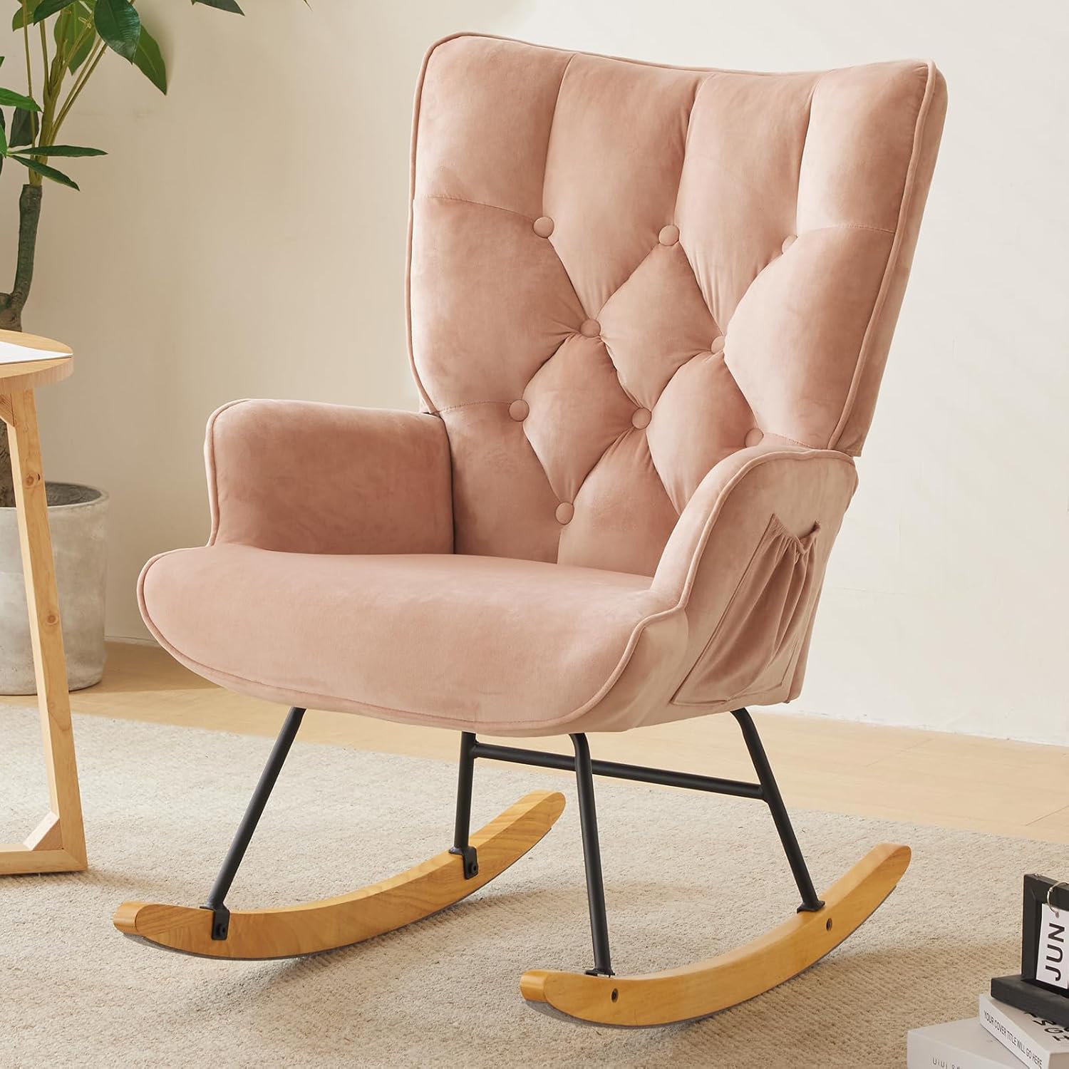 Upholstered Pink Nursery Rocking Chair Glider Recliner - Stylish High Backrest Accent Chair for Living Room & Bedroom