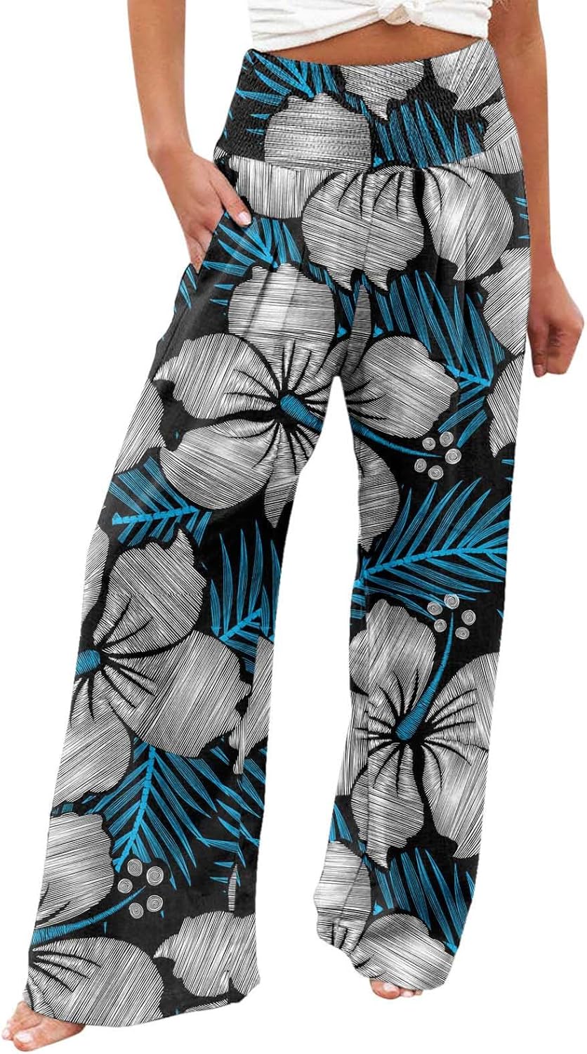 Women's Summer Pants Lightweight Print Drawstring Elastic High Waisted Long Pants Casual Wide Leg Trousers