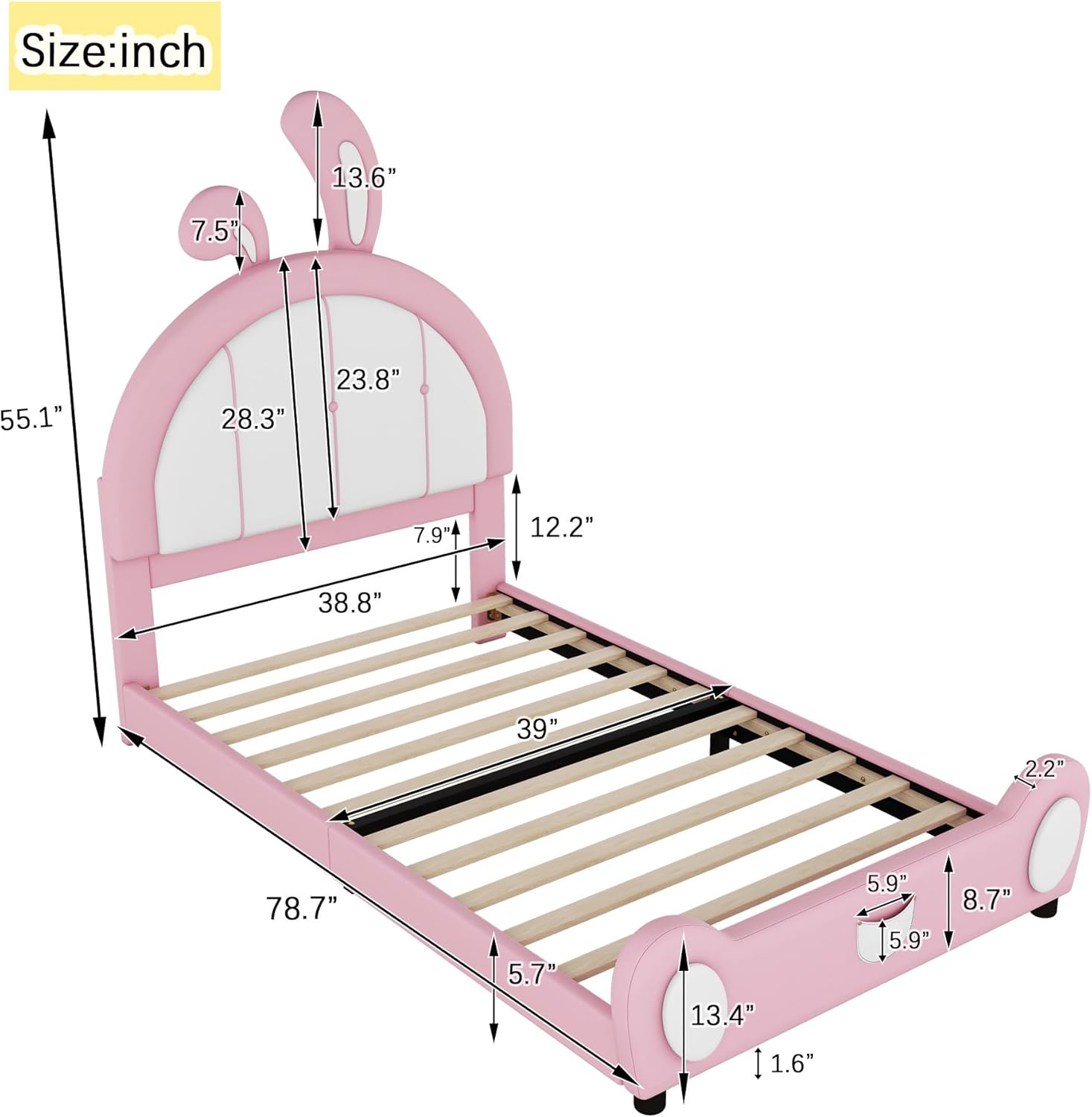 Upholstered Princess, Cute Twin Size PU Platform Bed with Rabbit Shaped Headboard and Wood Slats Support for Kids, Boys and Girls, No Box Spring Needed, Pink
