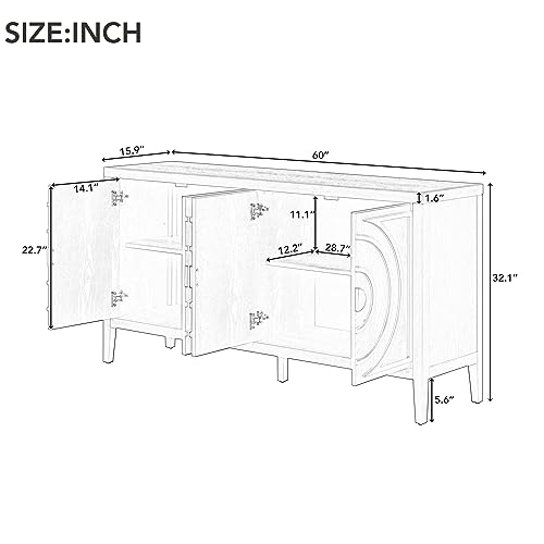 Retro Sideboard with Circular Groove Design and Round Metal Door Handle,Wood Accent Buffet Storage Cabinet with Adjustable Shelves for Entrance Dinning Room Living Room (Gray)