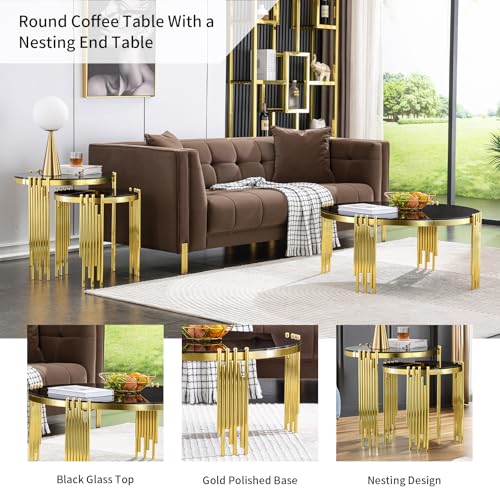 2 Piece Living Room Table Set, Black Tempered Glass Living Room Table Set with Coffee Table and 2-in-1 Nesting End Table, Gold Polished Round Coffee Table Set for Living Room