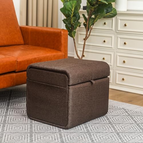 Homebeez Rectangular Storage Ottoman Cube Footrest with Side Pocket, Ice Blue Linen Fabric Foot Rest Stool Ottoman with Storage for Living Room Bedroom