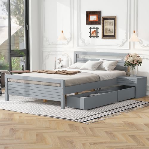 Merax Queen Size Wooden Platform Bed with 2 Storage Drawers and 2 Bedside Tables, Gray