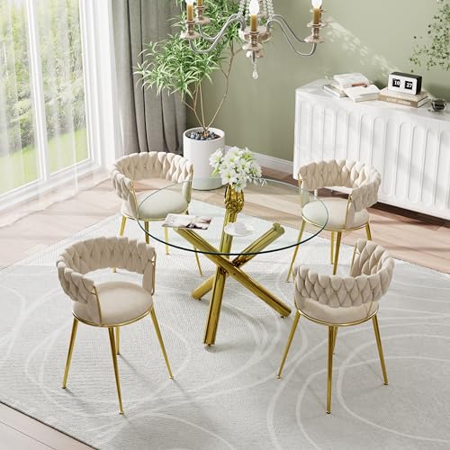 5-Piece Round Glass Dining Table Set for 4,39 Inch Clear Round Tempered Glass with Cross-Designed Metal Gold Legs,Kitchen Table Set with 4 Beige Woven Velvet Smooth Upholstered Chairs