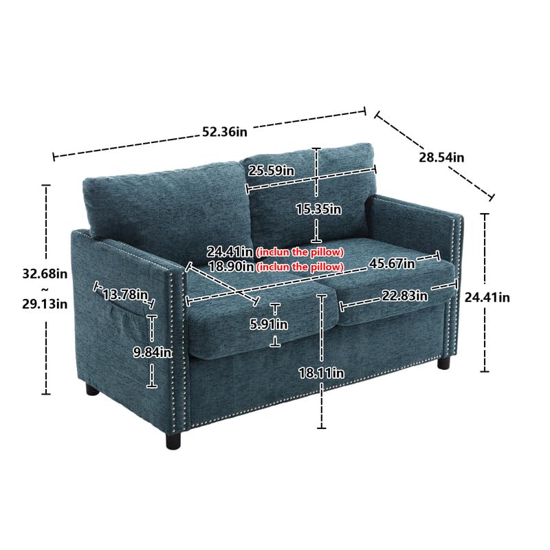 Sectional Couches for Living Room, Sectional Sofa Loveseat Sofa Couch with Armrest & Side Pocket, Built-in Nailheads Trim, 2-Seat Small Sofa Couch for Bedroom, Small Space, Apartment, Teal Blue