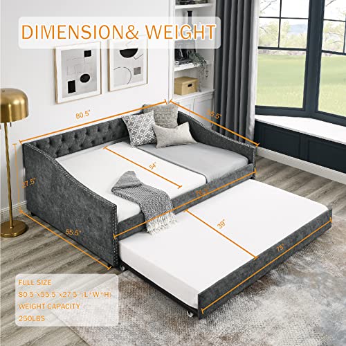 Upholstered Daybed with Trundle, Modern Button Tufted Fabric Full Size Daybed Frame Sofa Bed, No Box Spring Needed, Easy Assembly, Grey
