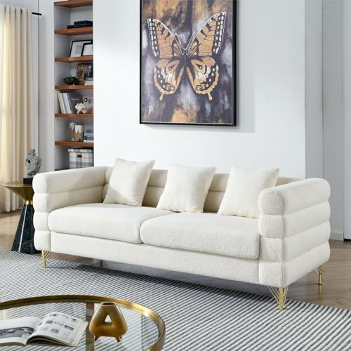 81'' Oversized 3 Seater Sectional Sofa, Living Room Comfort Fabric Sectional Sofa - Deep Seating Sectional Sofa, Soft Sitting with 3 Pillows for Living Room,Bedroom,White Teddy