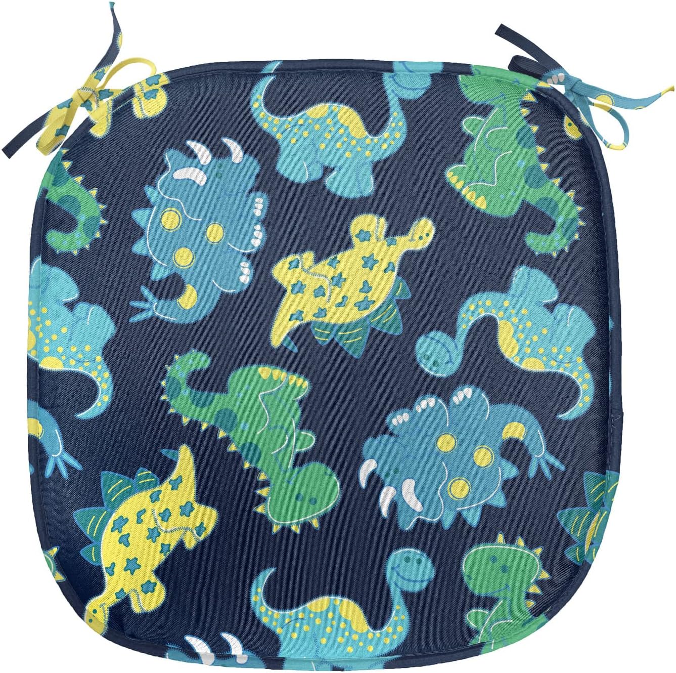 Lunarable Dinosaur Party Chair Seating Cushion, Reptiles Cartoon Dream Land Fantasy Creatures, Anti-Slip Seat Padding for Kitchen & Patio, 16