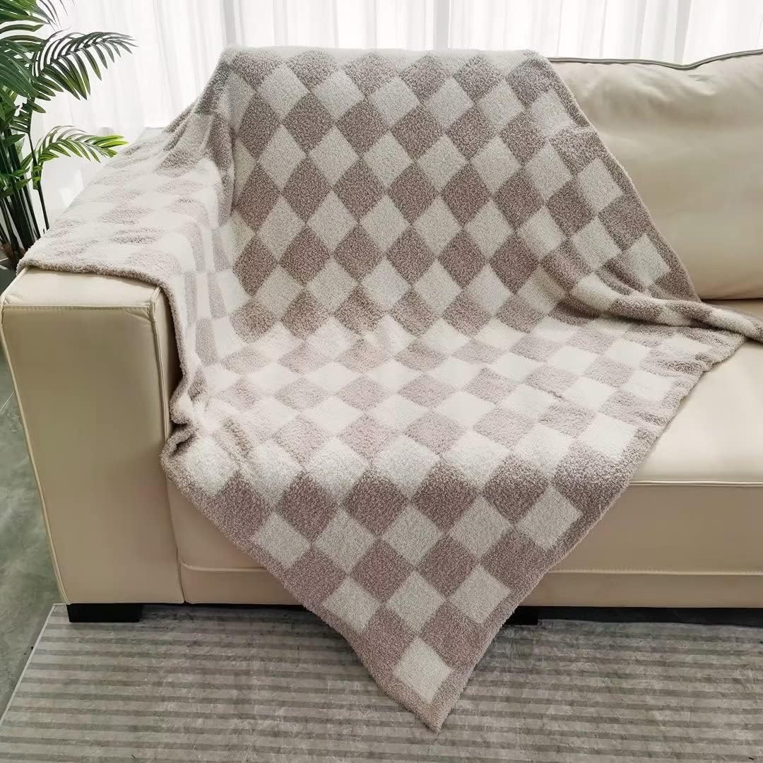 Ultra Soft Checkered Blanket Cream Cozy Buffalo Check Throw Fluffy Knitted Reversible Throw Blanket Lightweight Fleece Checkerboard Grid Blanket for Sofa Couch Bed Travel, Taupe/White, 51''x63''