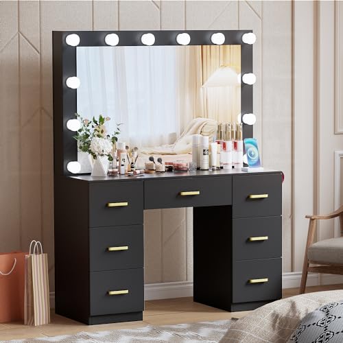Black Makeup Vanity Desk with Lighted Mirror & Power Outlet,3 Color Modes, Brightness Adjustable,Vanity Table with Drawer,Sliding 2 Storage Wall-Mounted Jewelry,4 Shelves for Bedroom