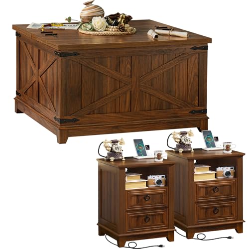 Farmhouse Coffee Table Set of 3, Furniture Set, Coffee Table with Hidden Storage Organizer and Nightsand 3-piece set, Large Country Natural Center Table Set for Living Room,Office, Home