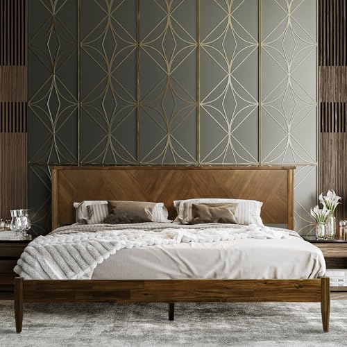 Acacia Panthera Solid Wood Bed Frame with High Headboard Art Deco Premium Wood Bed (Caramel, Queen)