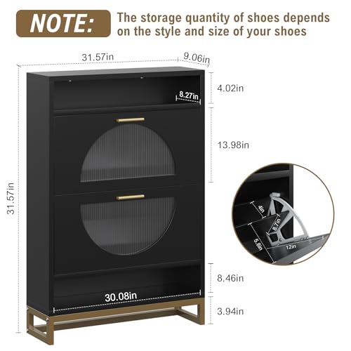 LED Shoe Cabinet with 2 Flip Drawers, Free Standing Tipping Bucket Shoe Rack Organizer with Top Cubby, Shoe Storage Organizer with Open Shelves for Narrow Closet, Entryway, White