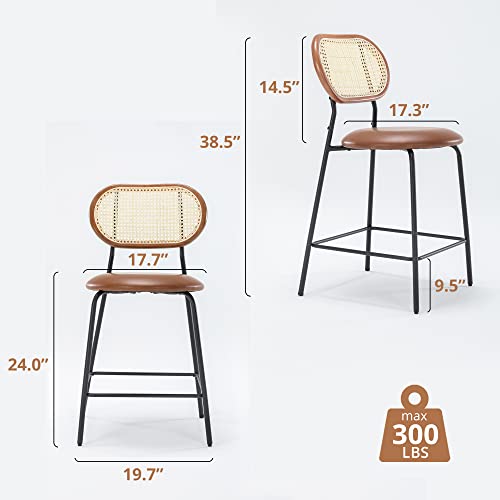 LUE BONA Faux Leather Rattan Counter Stool Set of 4,Rattan and Wood Backrest with Metal Leg, Modern Upholstered Round Counter Height Barstools for Home, Bar, Restaurants,24