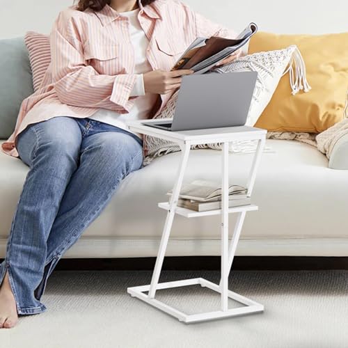 C Shaped End Table Side Table for Couch and Bed Small Couch Side Table with Storage Shelf Slide Under Couch Table for Living Room Bedroom Bedside Small Spaces White