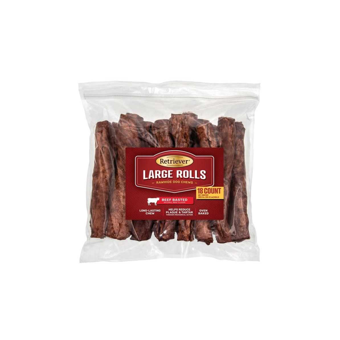 Retriever Large Rolls Beef Basted Flavor Rawhide Dog Chew Treats - Pet Supplies online store